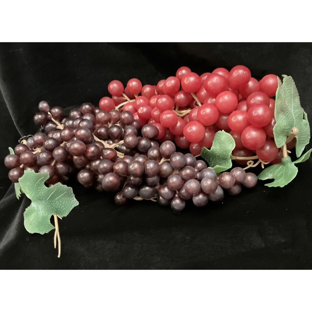 MCM Vintage Faux Rubber Red & Dark Purple Grapes 2 Clusters w/ Vine and Stem